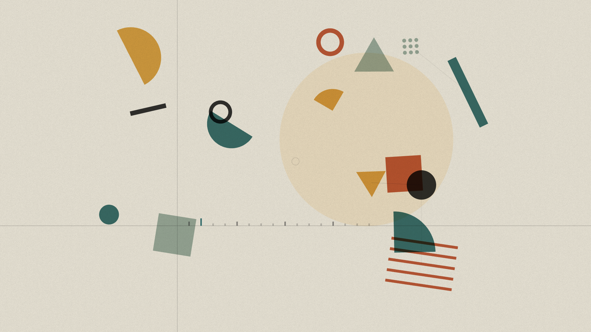 Flat Bauhaus shapes in red, ochre and teal scattered over a pale paper poster with a large faint sun