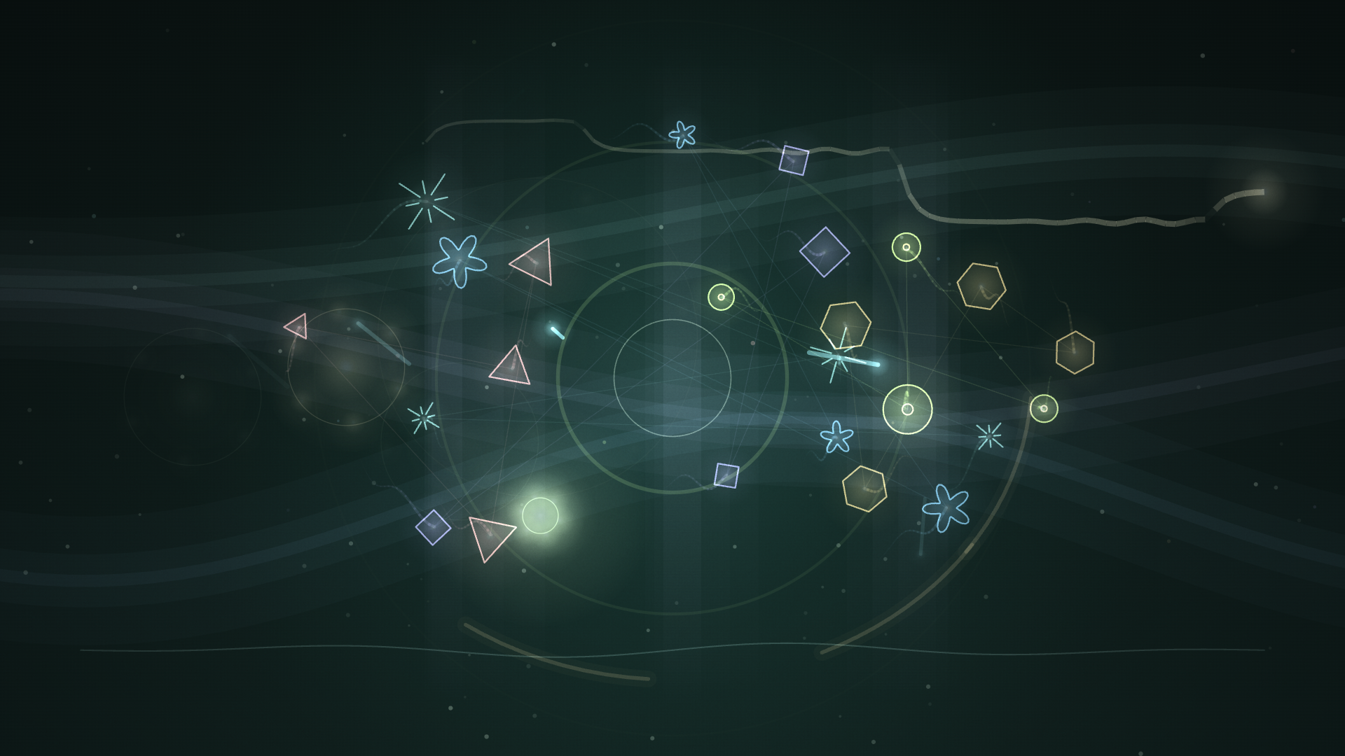 Quiet concentric rhythm rings in sage, peach, and blue over a dark green canvas