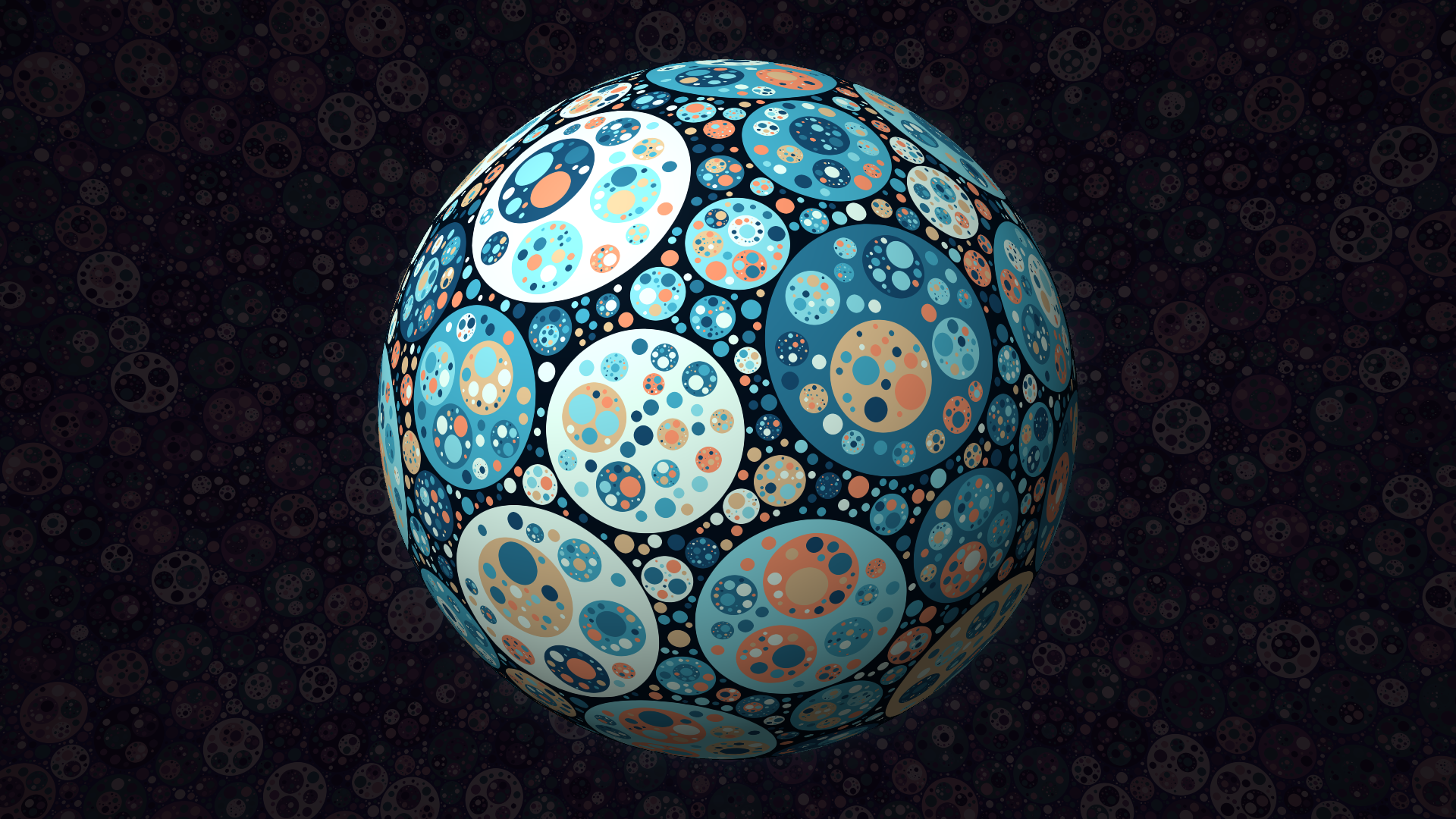 A luminous blue and coral sphere covered in nested circles, surrounded by a dense, dark violet spherical surface