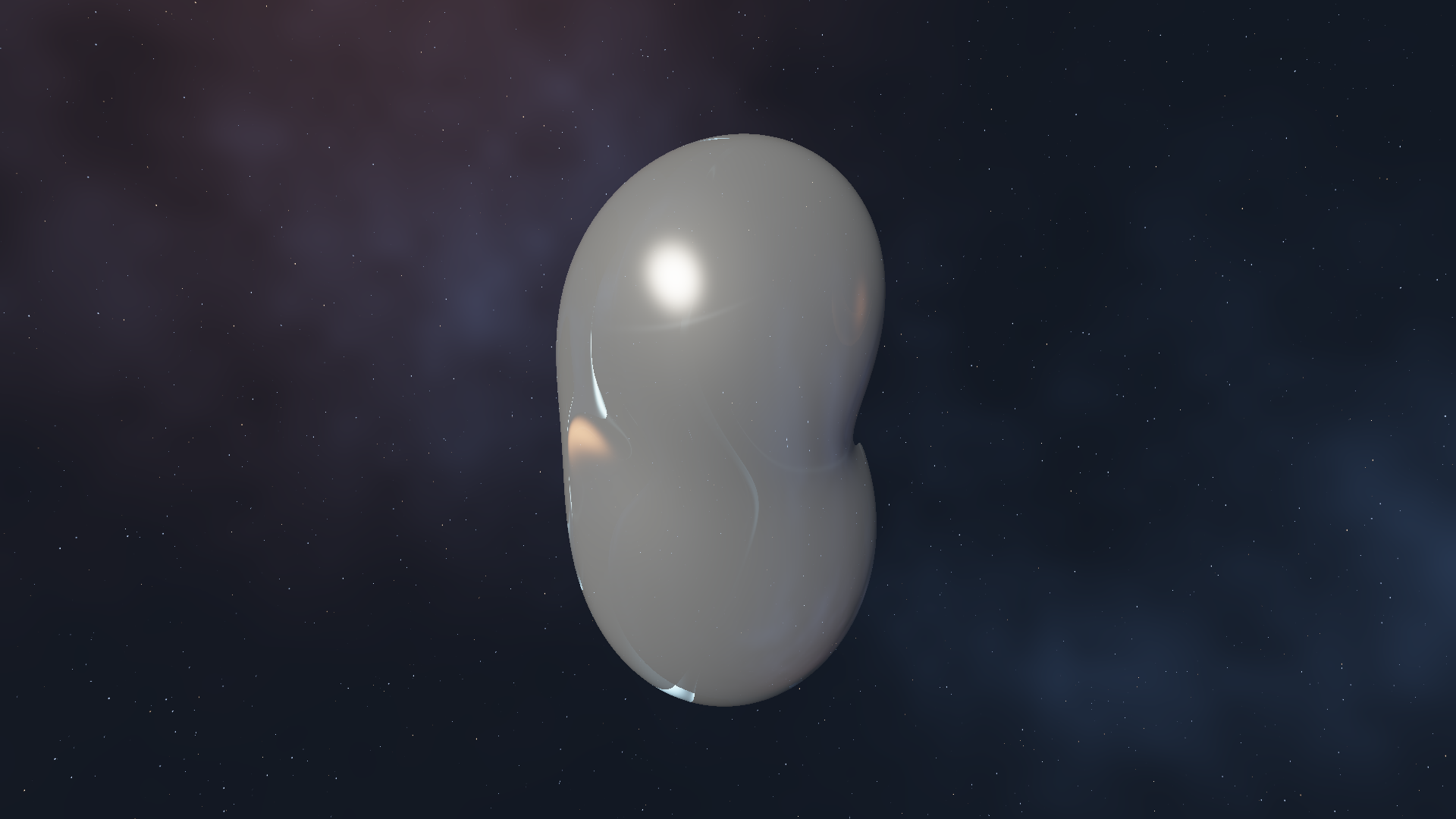 A deformed transparent water drop reflecting and refracting a distant star field