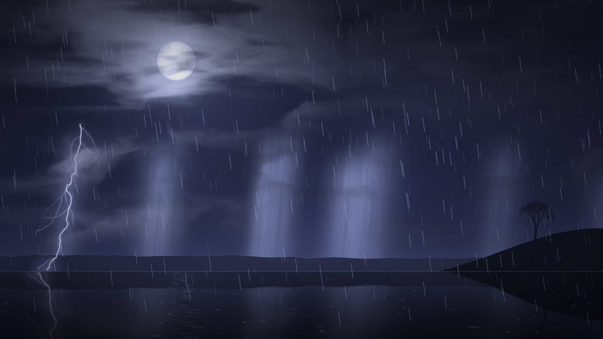 A lightning bolt striking a moonlit lake through rain at night, with a lone tree on a hill