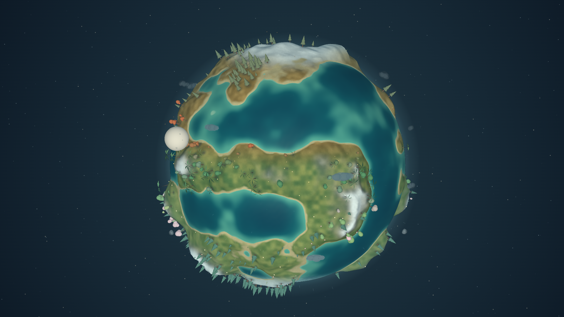 An evolving planet with miniature forests, sculpted continents, blue waterways, polar ice, and a moon